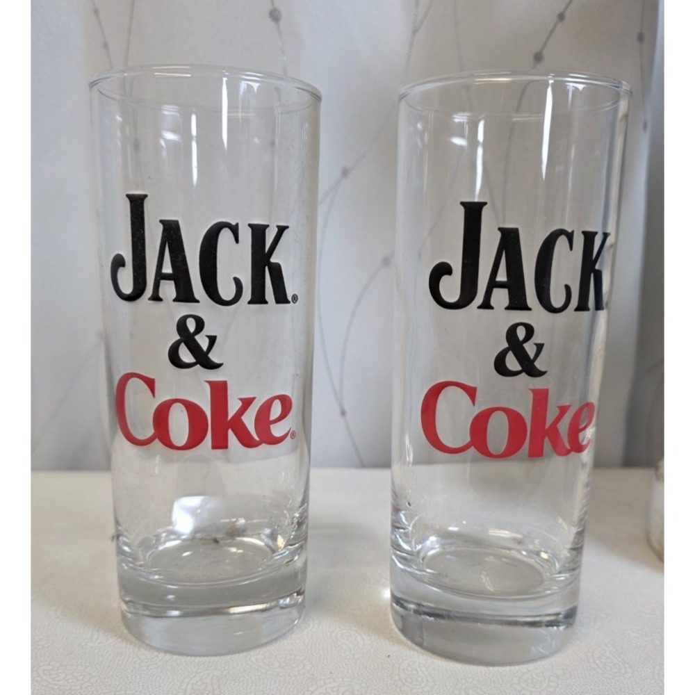 Jack & Coke Glass Clear Red‎ Black Jack Daniels Coca Cola Coke 10oz Set Of 2